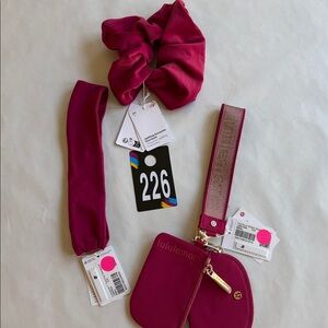 226,Lululemon Dual Pouch Wristlet Metallic Word mark+Scrunchie+Headband Bundle
